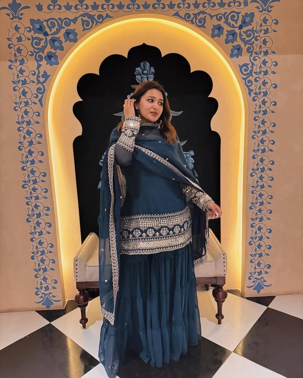 Navy Blue Color Sequence Embroidery Work Designer Party Wear Palazzo Suit