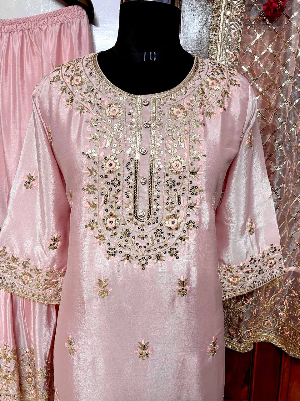 Baby Pink Color Sequence Embroidery Work Designer Party Wear Shrara Suit