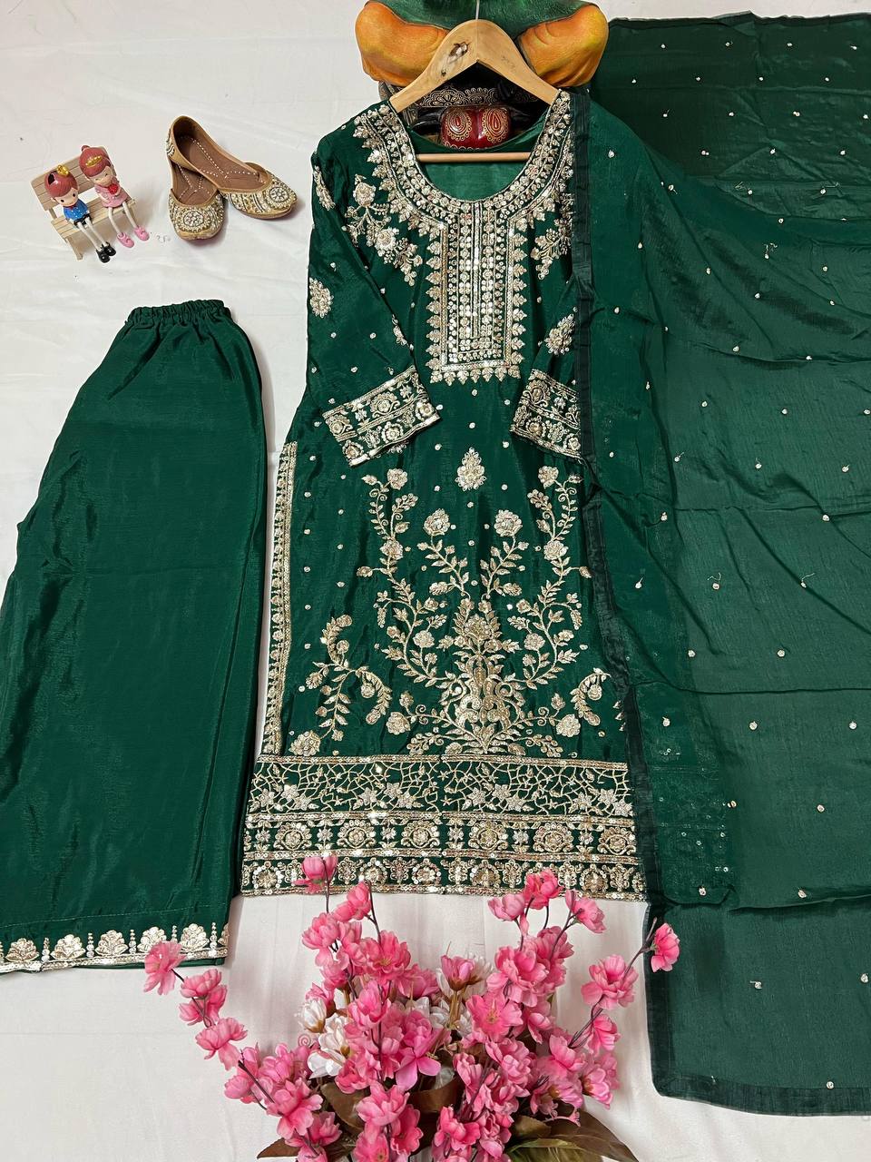Green Color Sequence Embroidery Work Designer Party Wear Palazzo Suit