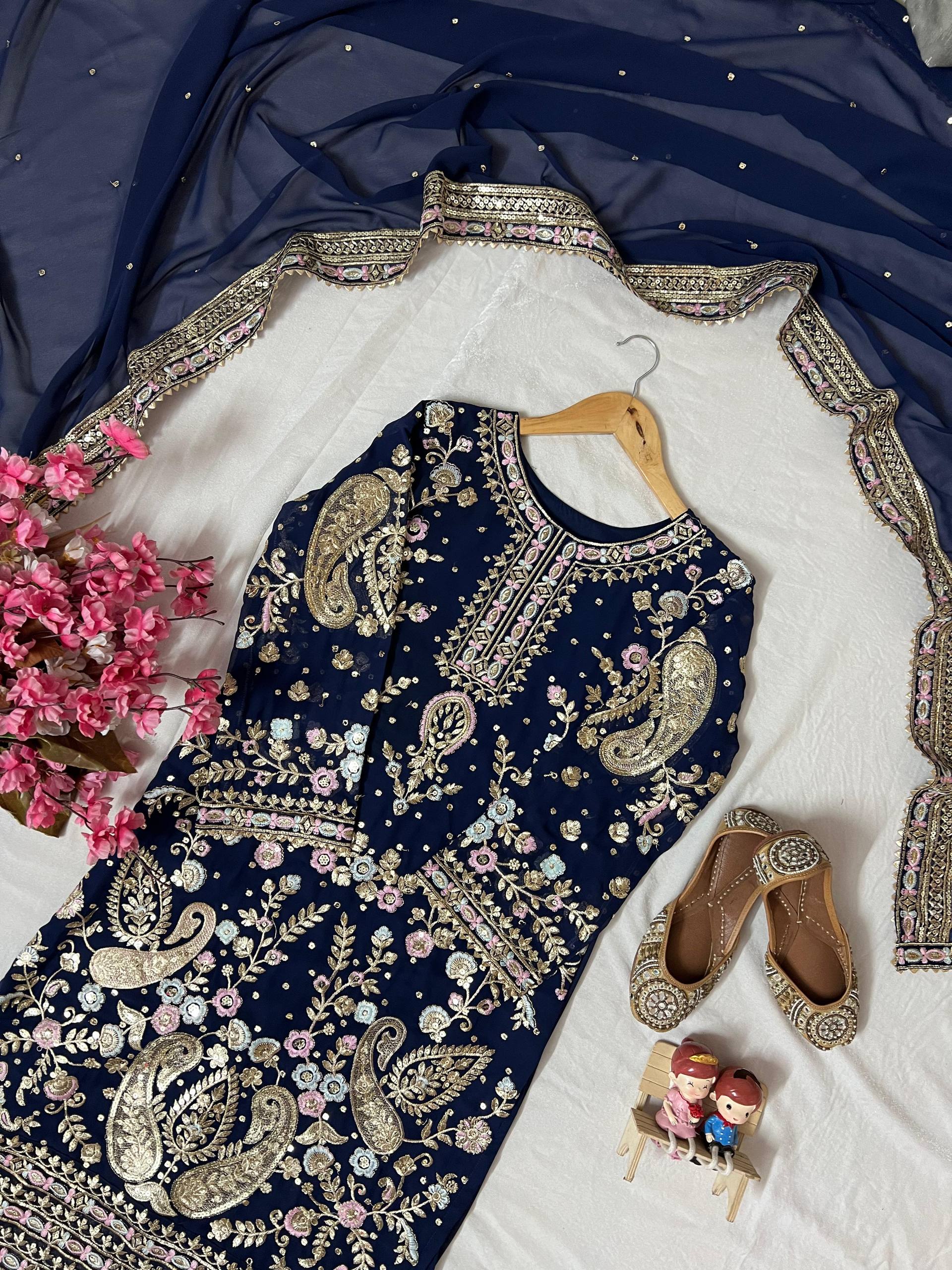 Navy Blue Color Embroidery Work Georgette Palazzo Suit