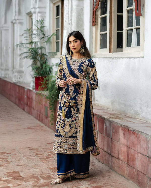 Navy Blue Color Embroidery Work Georgette Palazzo Suit