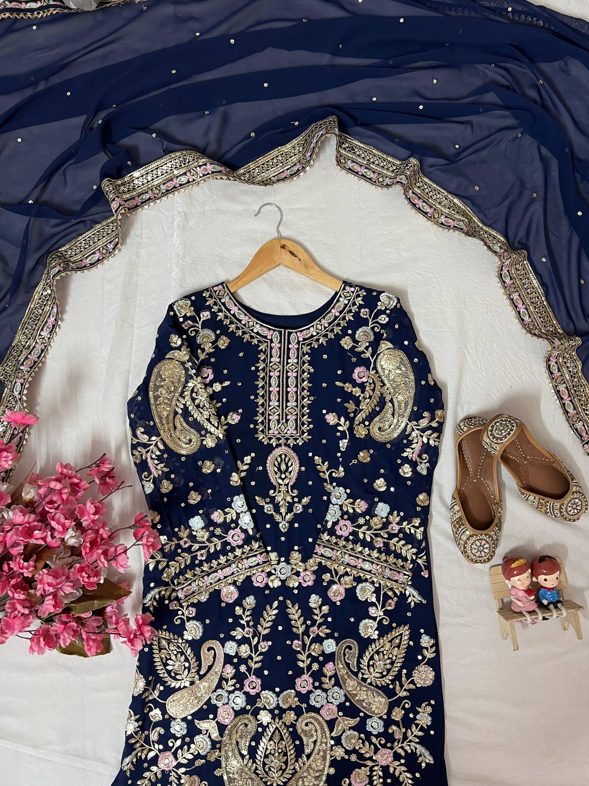 Navy Blue Color Embroidery Work Georgette Palazzo Suit