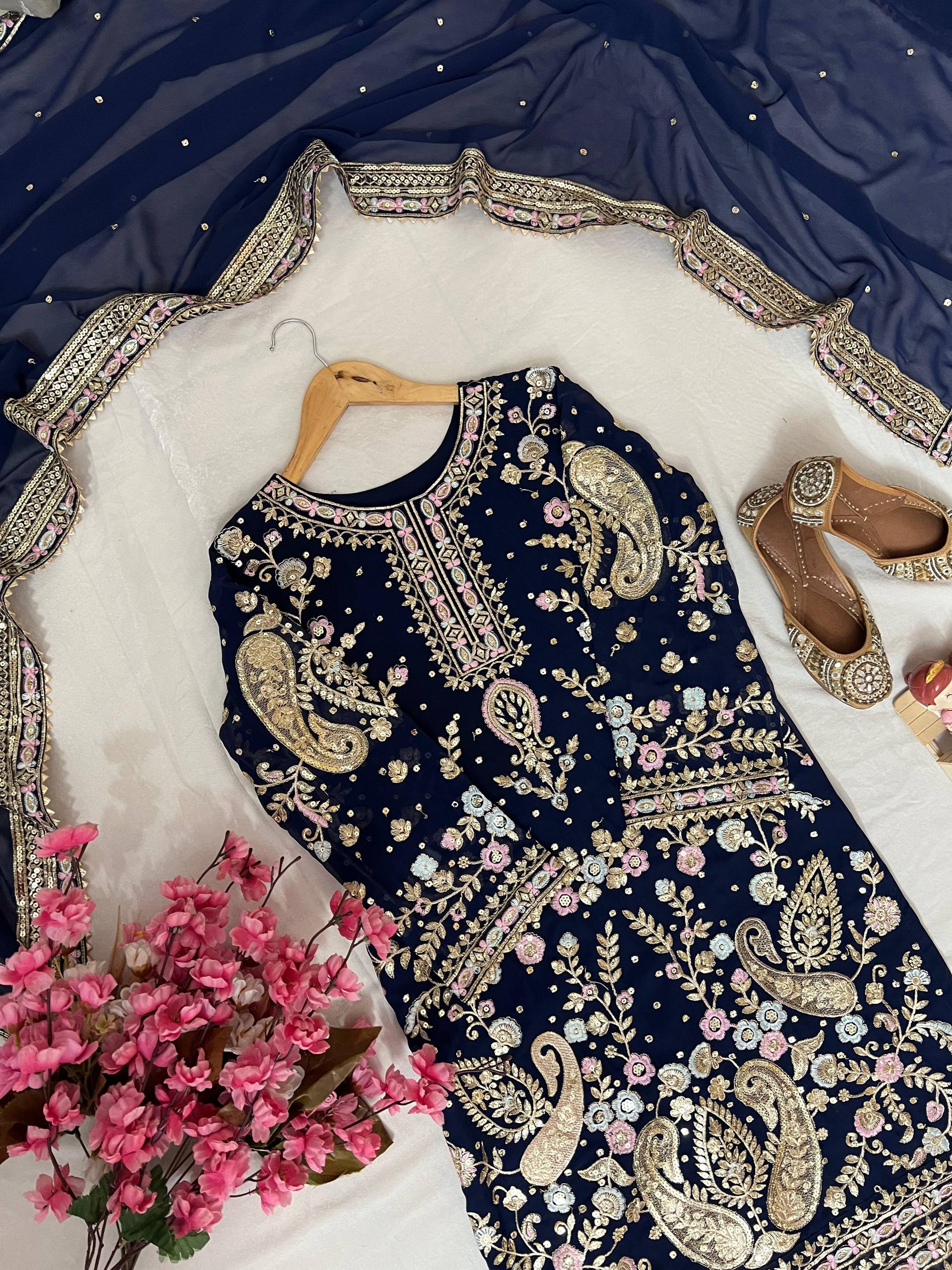 Navy Blue Color Embroidery Work Georgette Palazzo Suit