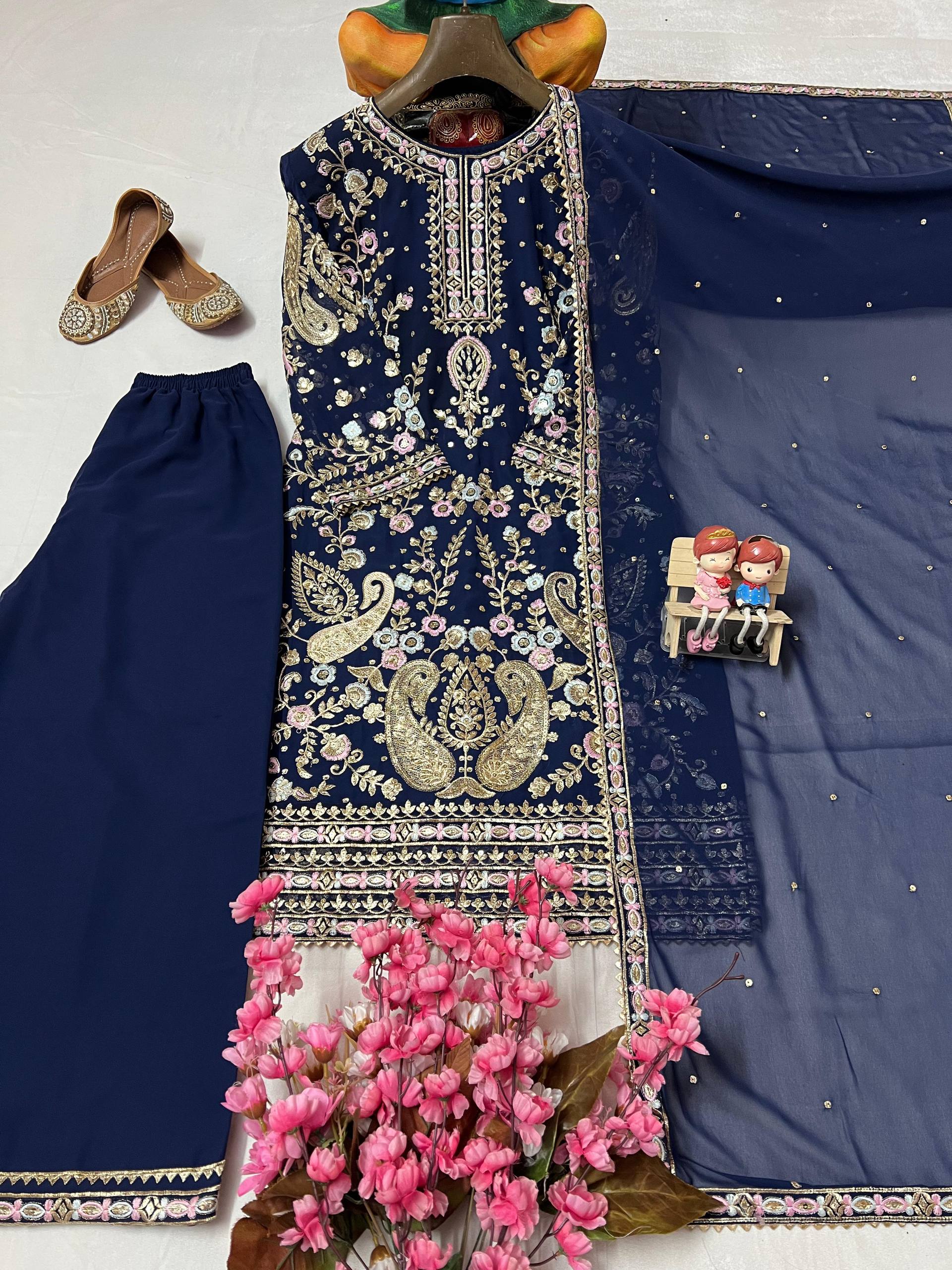 Navy Blue Color Embroidery Work Georgette Palazzo Suit