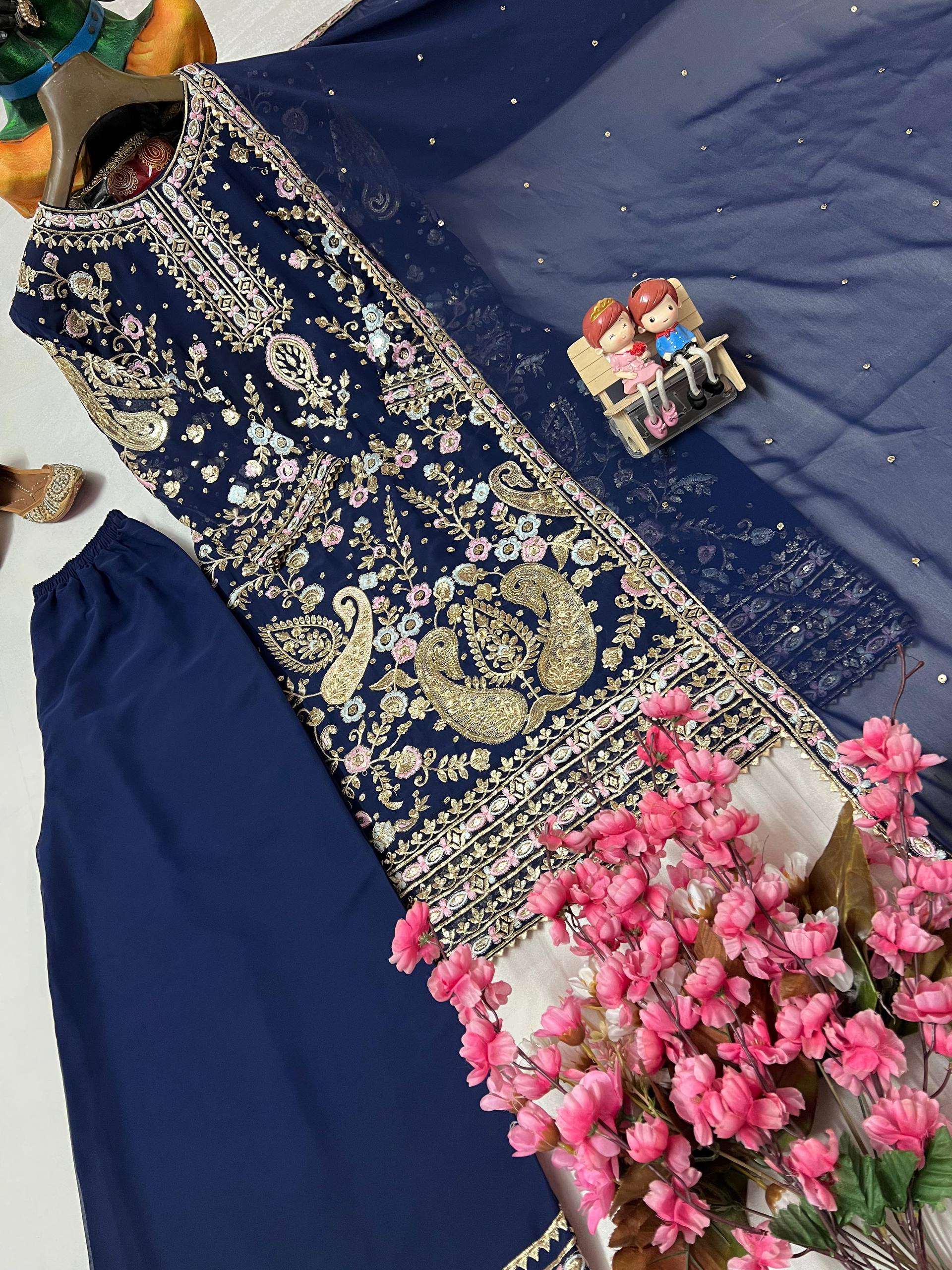 Navy Blue Color Embroidery Work Georgette Palazzo Suit