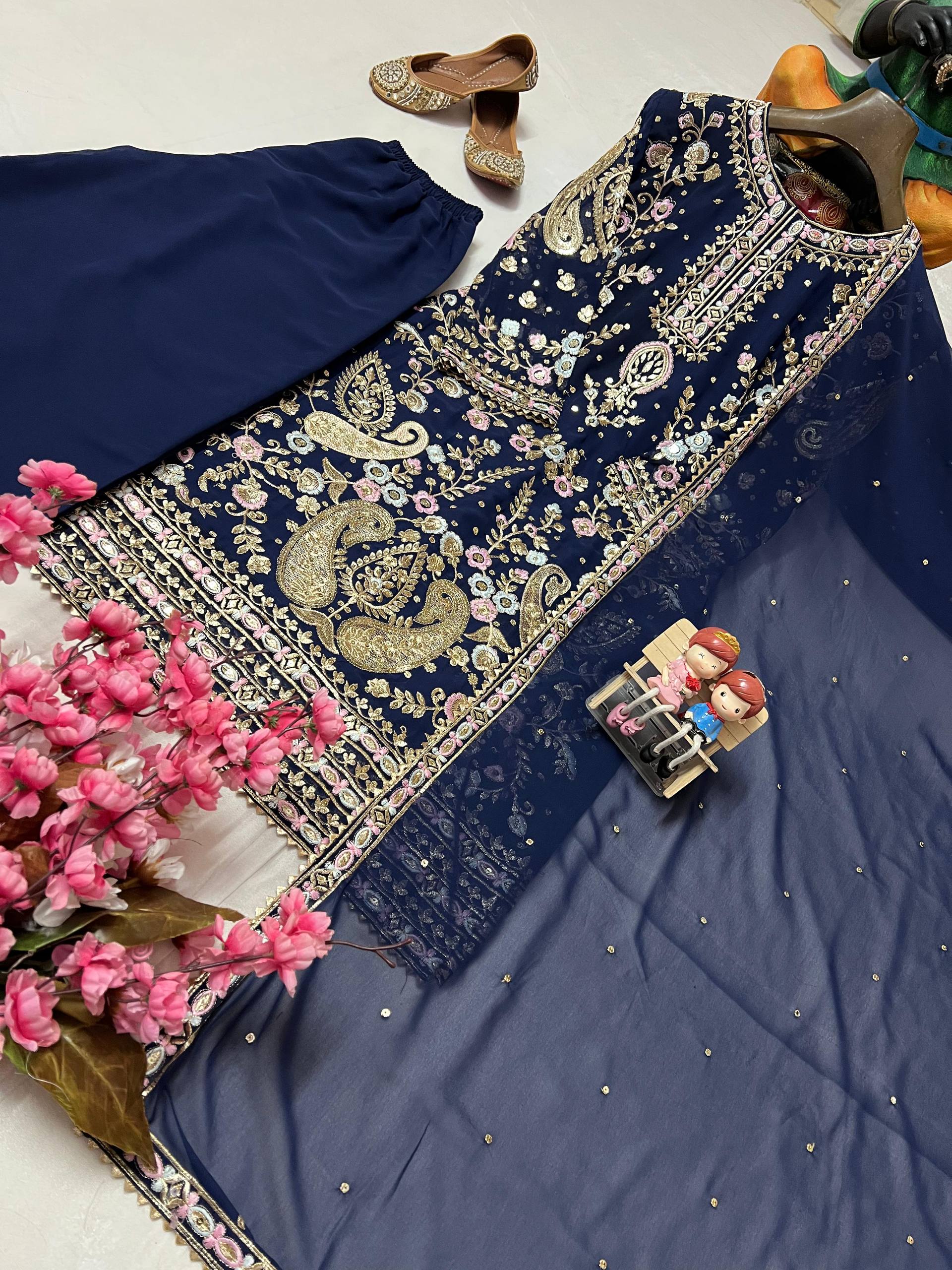 Navy Blue Color Embroidery Work Georgette Palazzo Suit