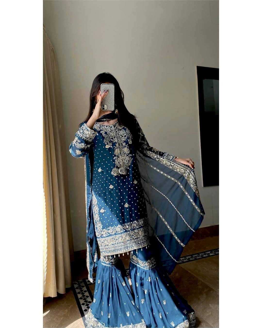Blue Color Sequence Embroidery Work Sharara Suit