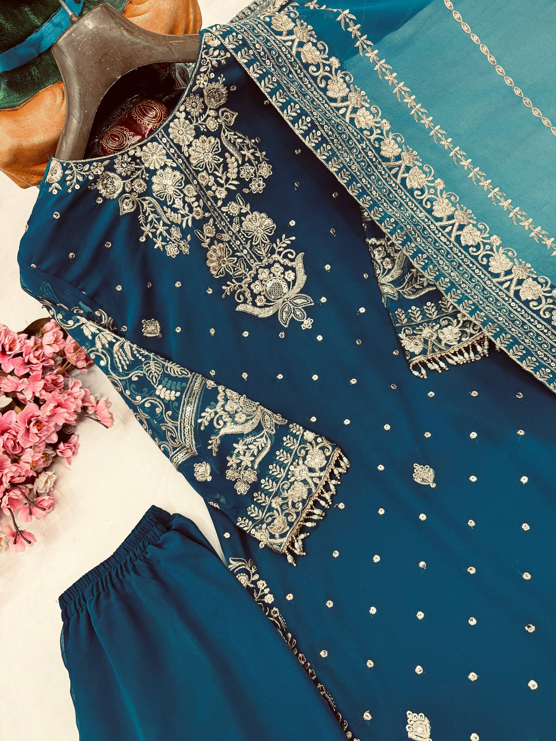 Blue Color Sequence Embroidery Work Sharara Suit