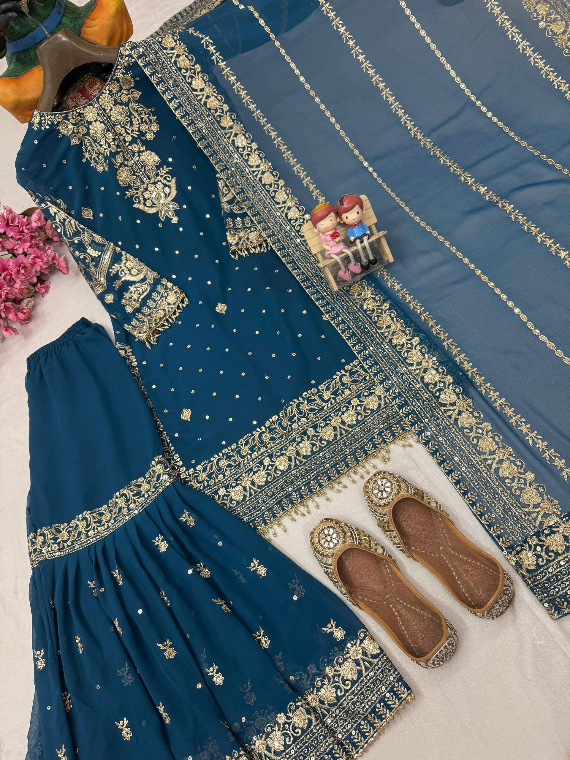 Blue Color Sequence Embroidery Work Sharara Suit