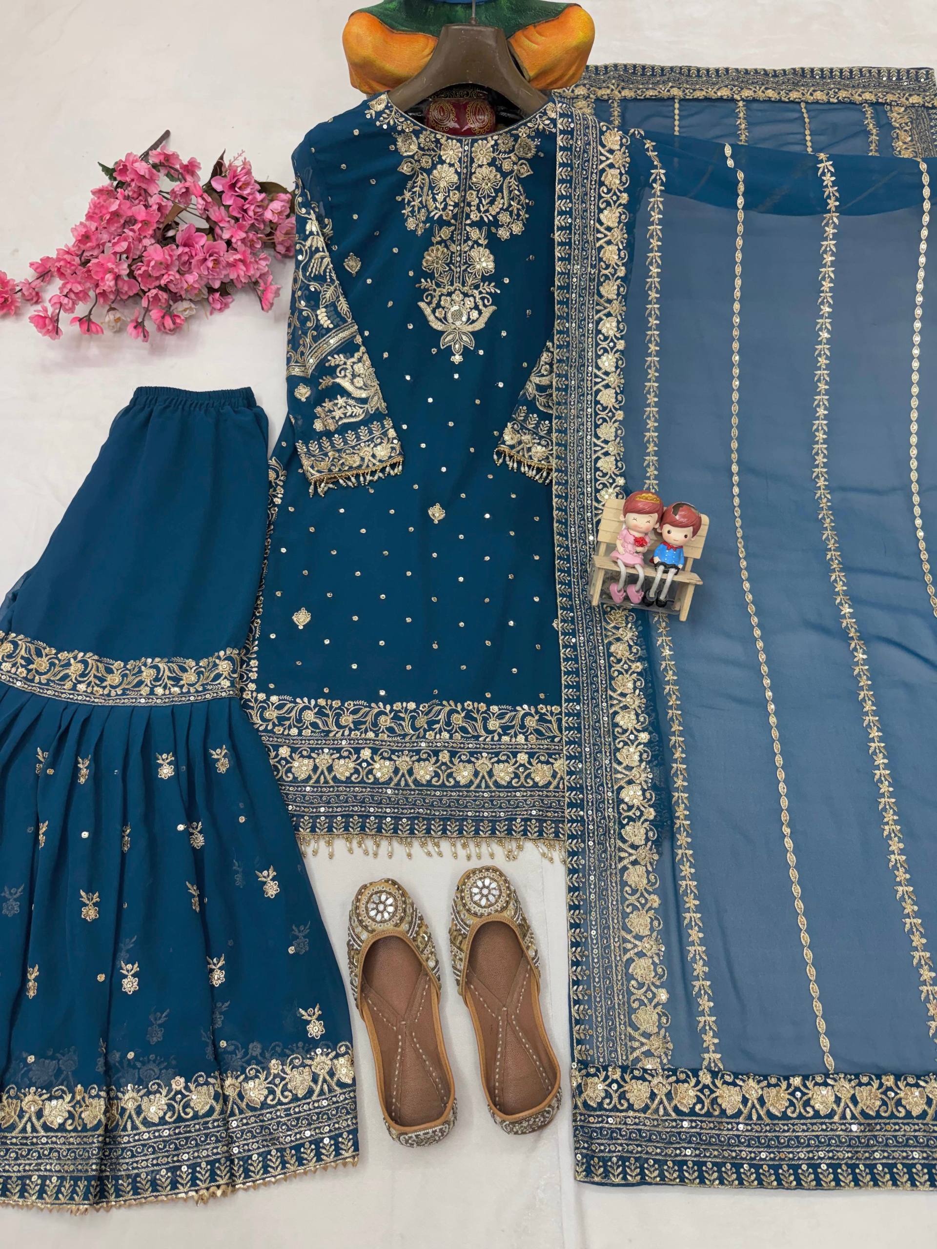 Blue Color Sequence Embroidery Work Sharara Suit