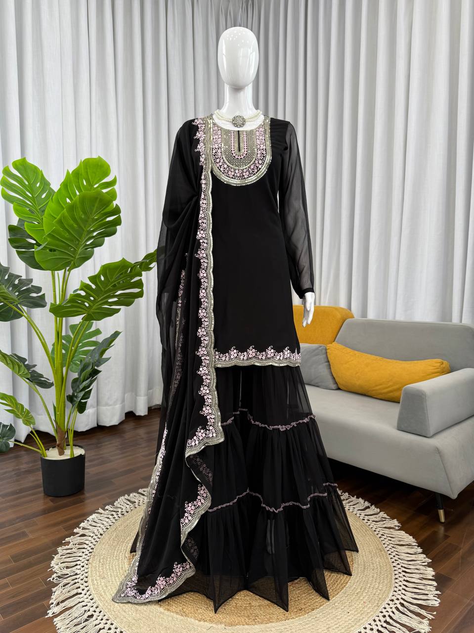 Black Color Party Wear Designer Georgette Palazzo Suit