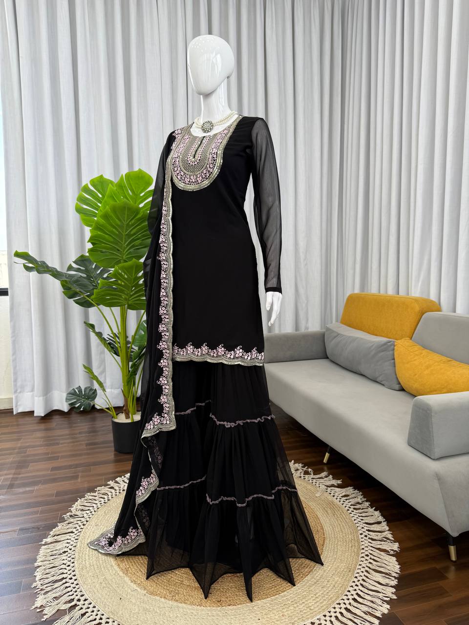 Black Color Party Wear Designer Georgette Palazzo Suit