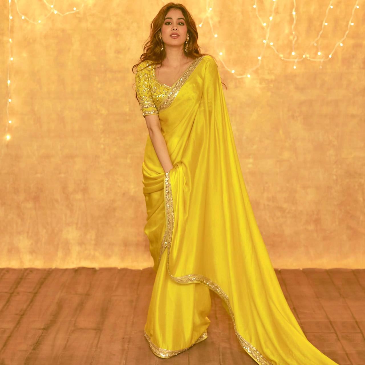 Jhanvi Kapoor Wear Chiffon Yellow Heavy Work Saree